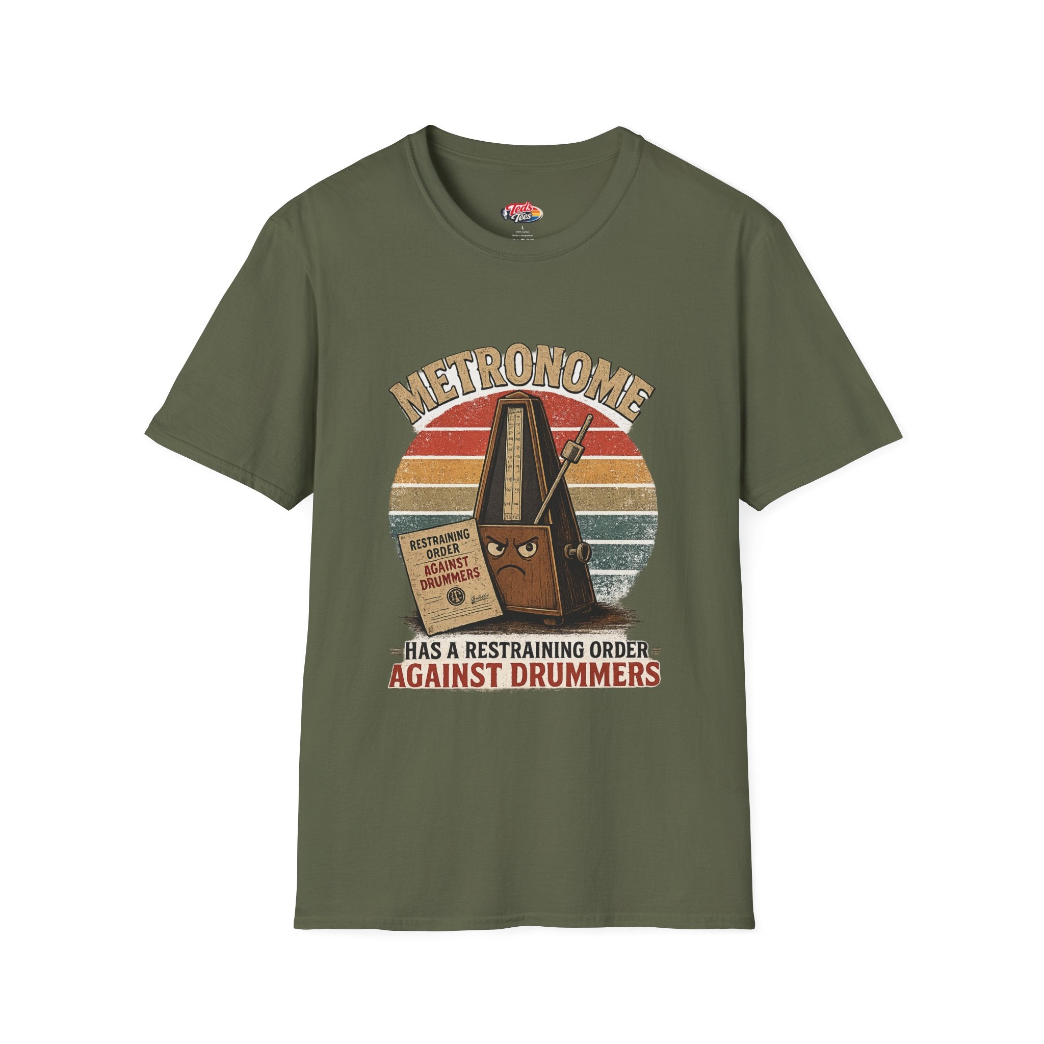Metronome T-Shirt — Vintage Drum Humor "Has a Restraining Order Against Drummers"
