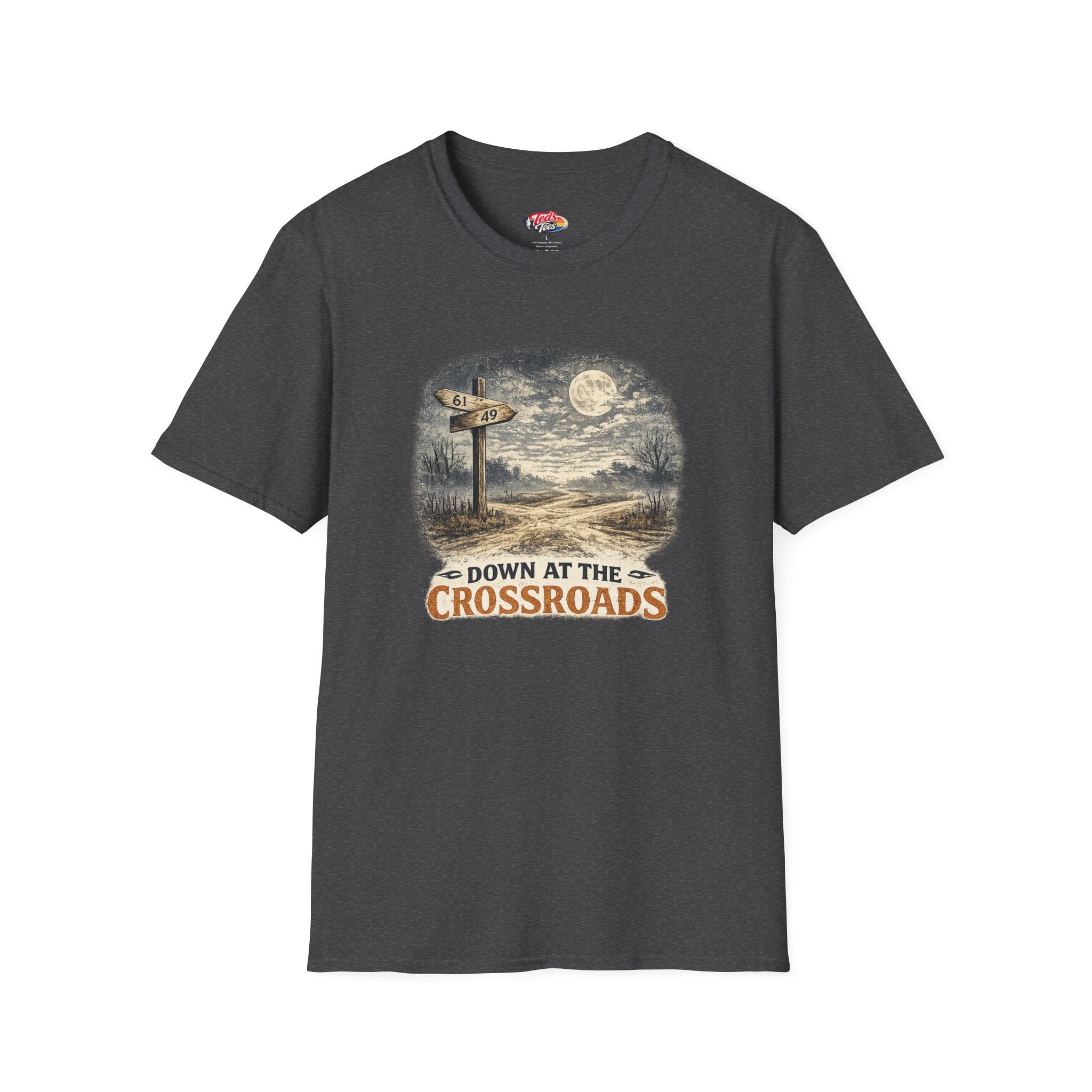 T-Shirt — "Down at the Crossroads" Vintage Moonlit Road Sign Graphic
