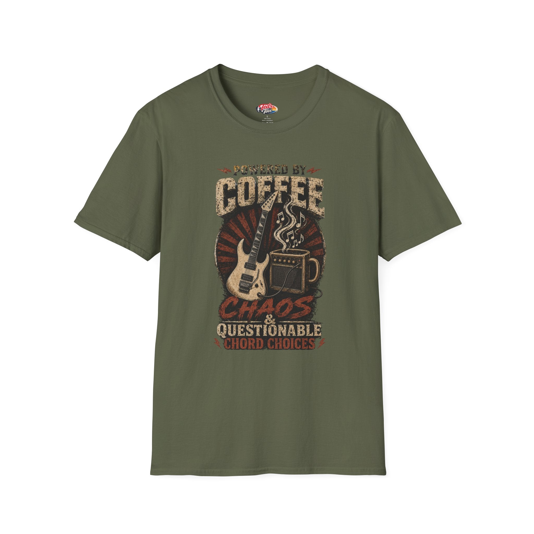 Coffee Powered Guitar T-Shirt — "Powered by Coffee, Chaos & Questionable Chord Choices"