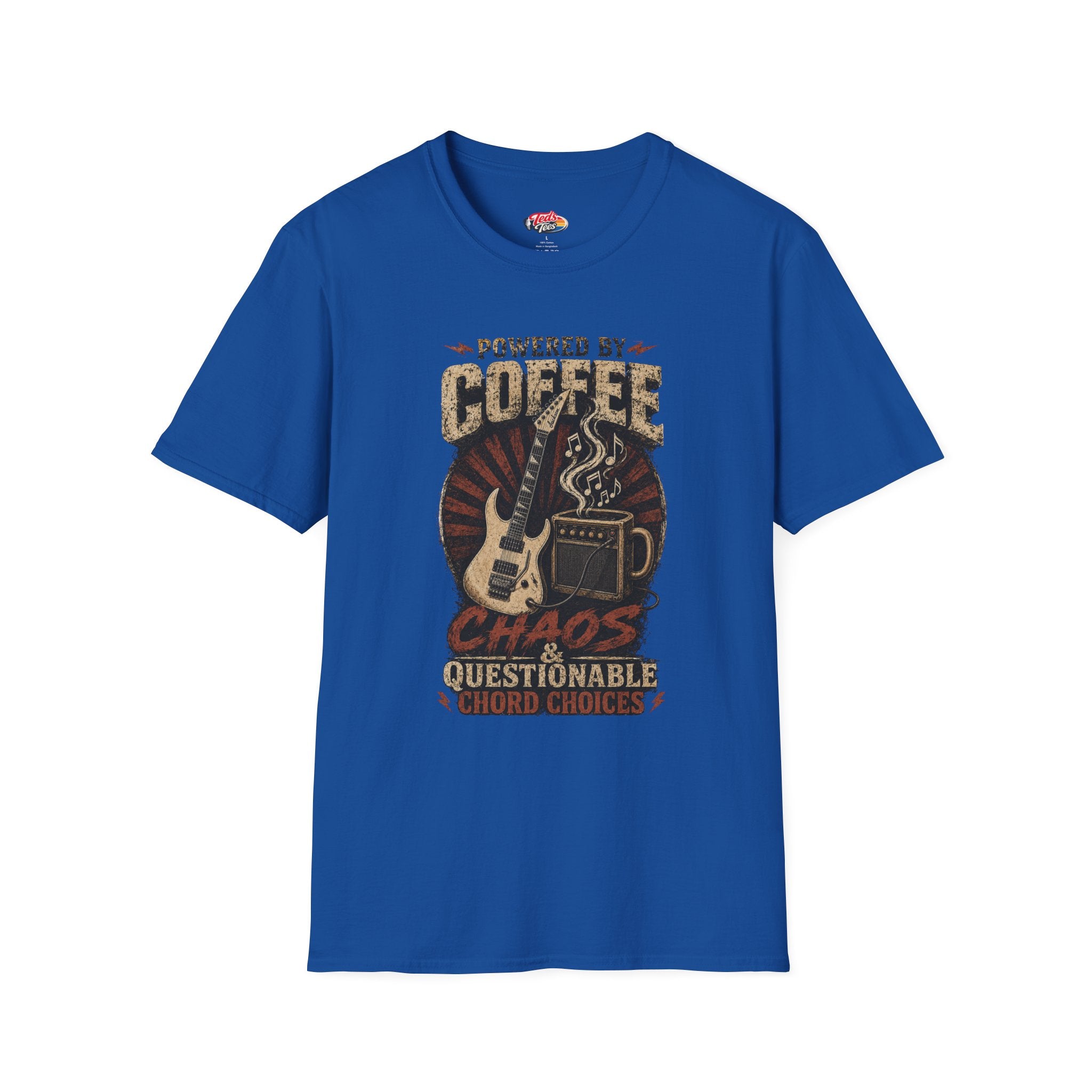 Coffee Powered Guitar T-Shirt — "Powered by Coffee, Chaos & Questionable Chord Choices"