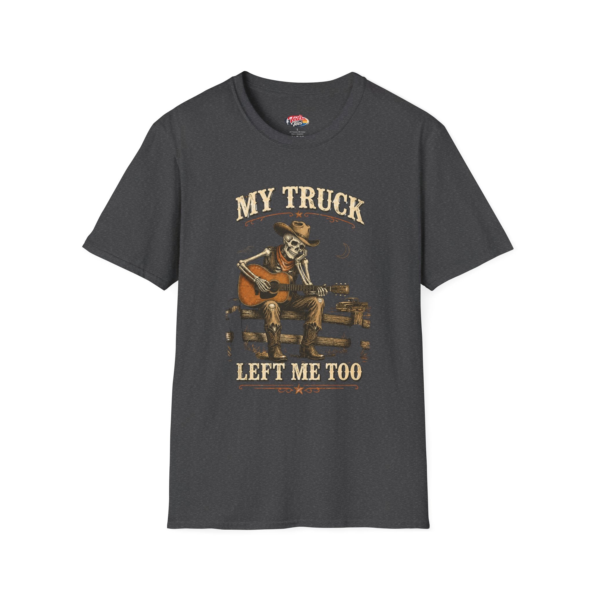 T-Shirt — “My Truck Left Me Too” Guitar Skeleton Retro Design