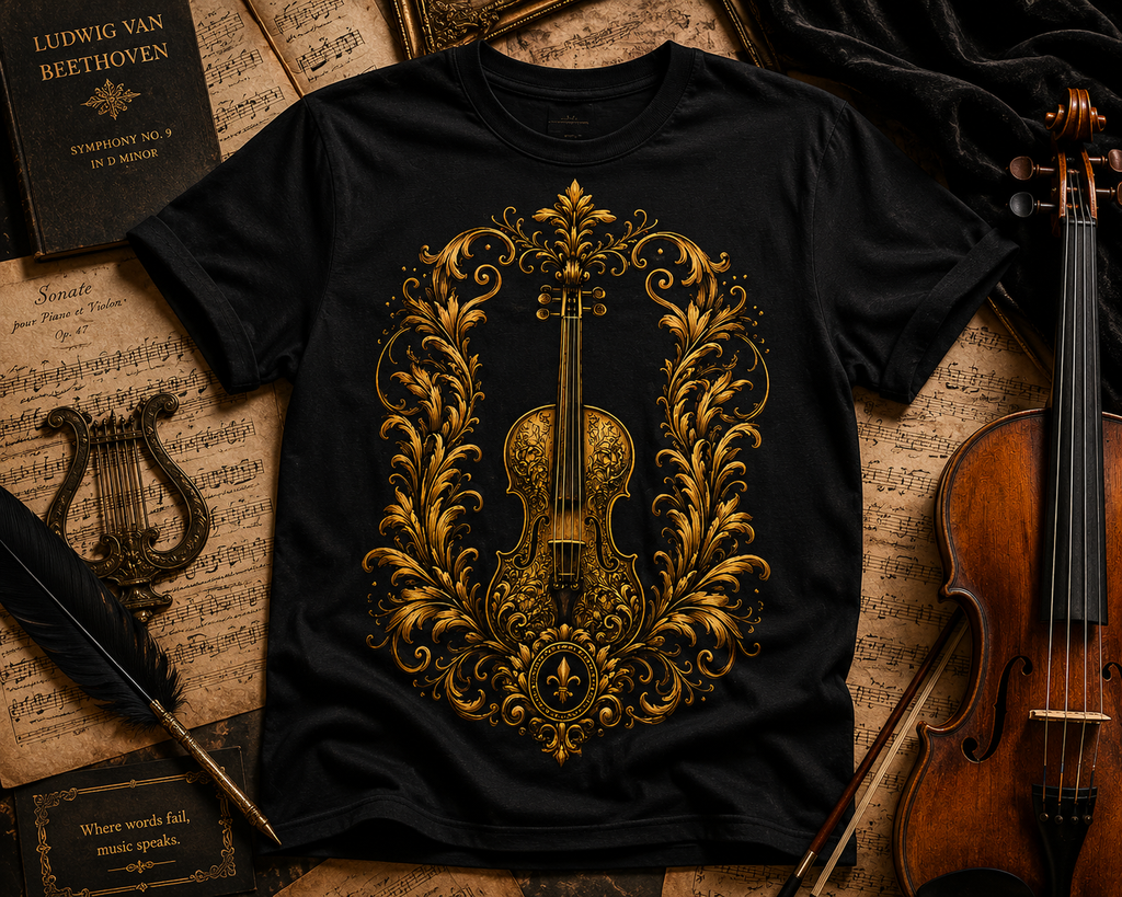 Baroque Violin T‑Shirt — Ornate Vintage Instrument Graphic Tee