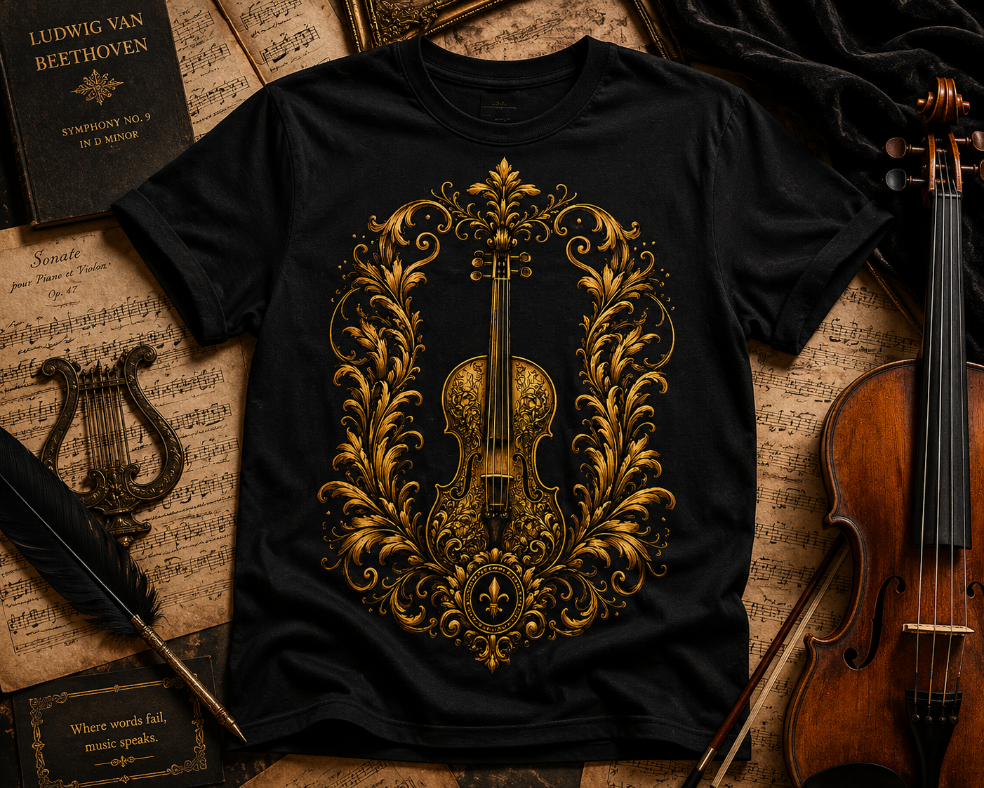 Baroque Violin T‑Shirt — Ornate Vintage Instrument Graphic Tee