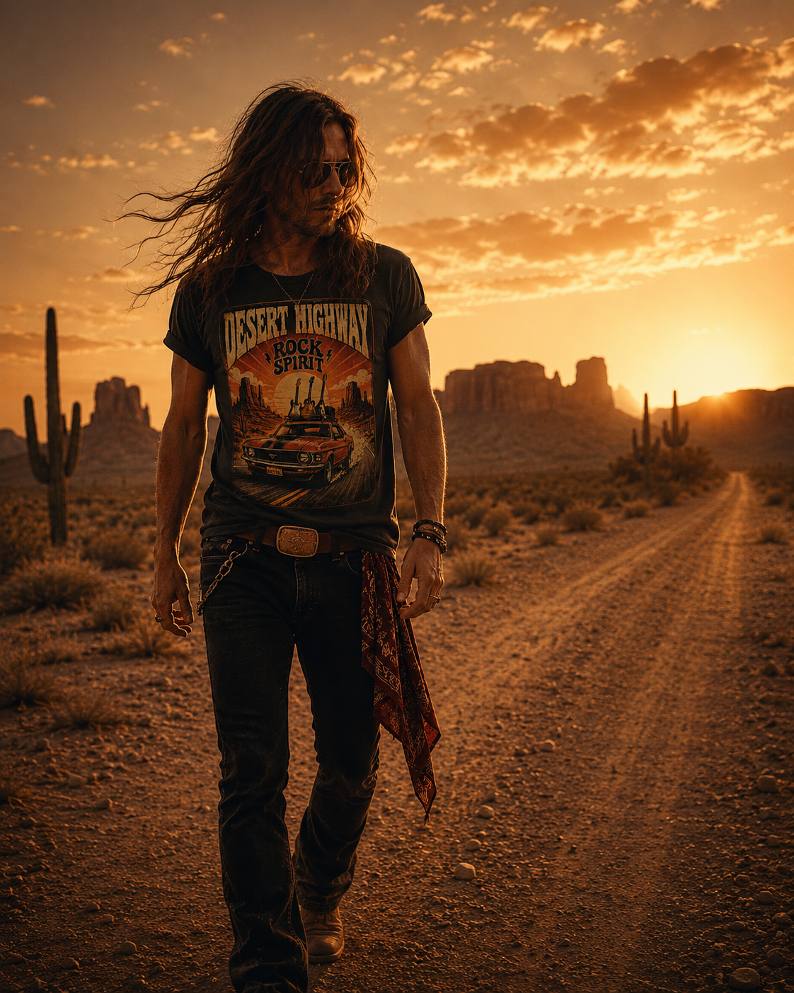 Desert Highway T-Shirt — 'Desert Highway Rock Spirit' Vintage Muscle Car Graphic Tee