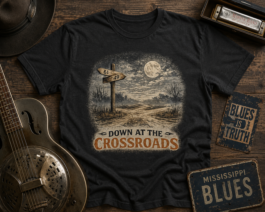 T-Shirt — "Down at the Crossroads" Vintage Moonlit Road Sign Graphic