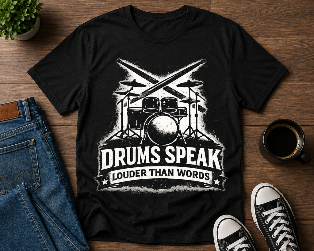 Drums Speak T-Shirt — "Drums Speak Louder Than Words" Vintage Drum Kit Tee