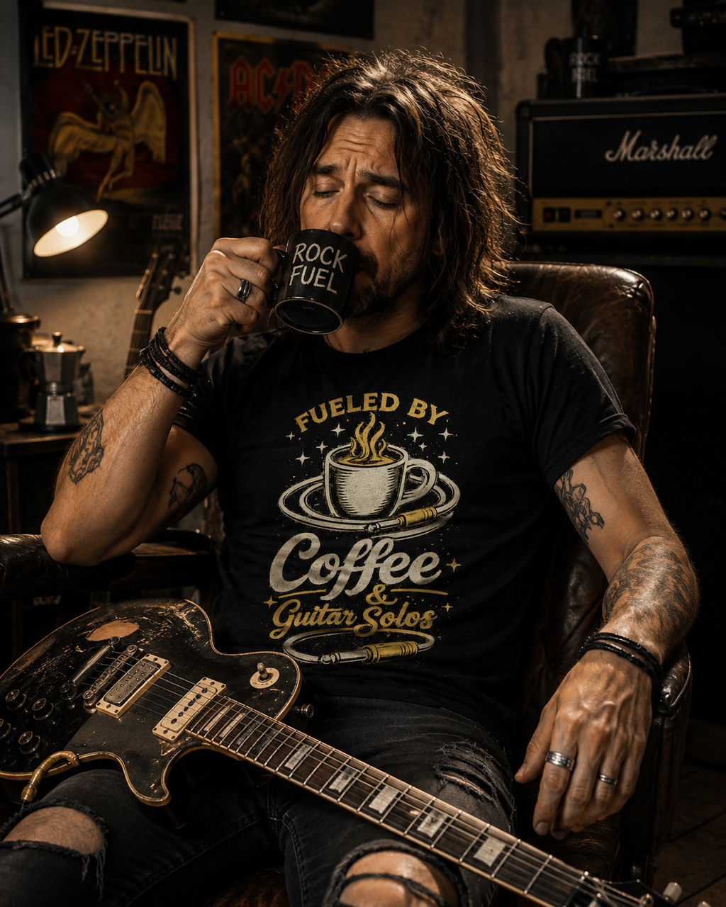 Coffee & Guitar Solos T-Shirt — Fueled By Coffee Graphic Tee for Musicians