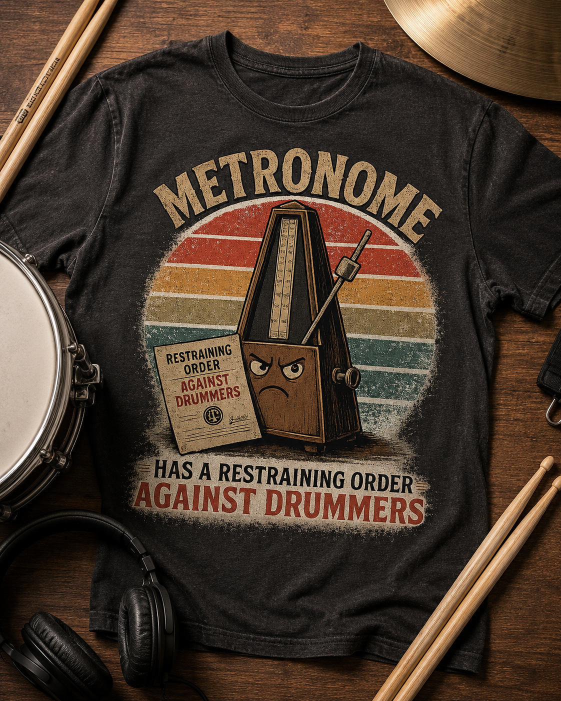Metronome T-Shirt — Vintage Drum Humor "Has a Restraining Order Against Drummers"