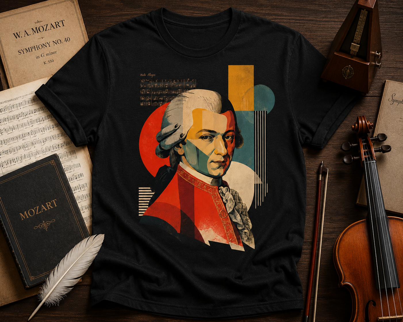 Mozart Portrait T‑Shirt — Retro Geometric Classical Music Tee