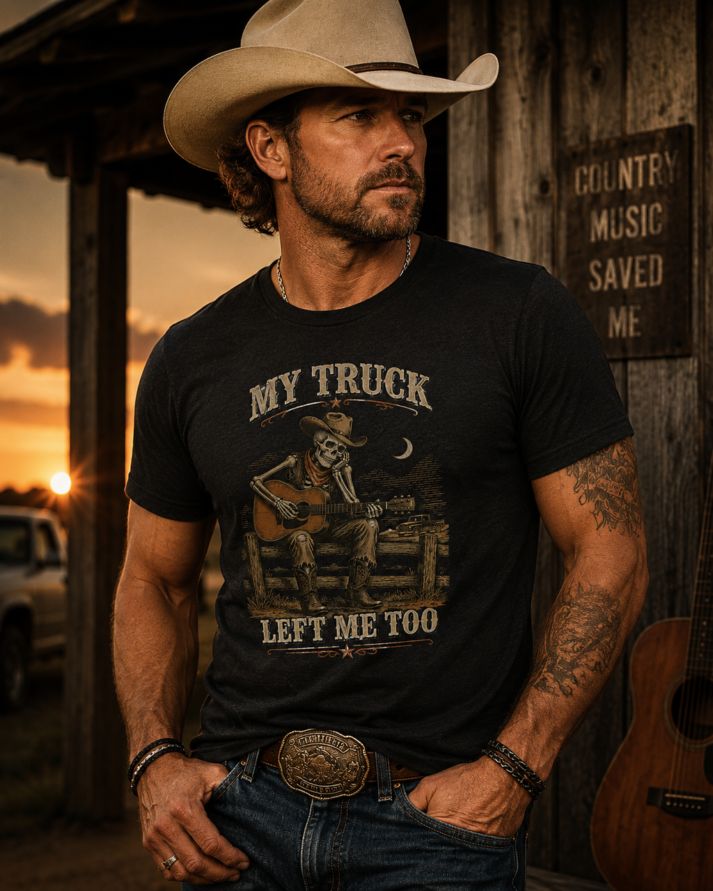 T-Shirt — “My Truck Left Me Too” Guitar Skeleton Retro Design