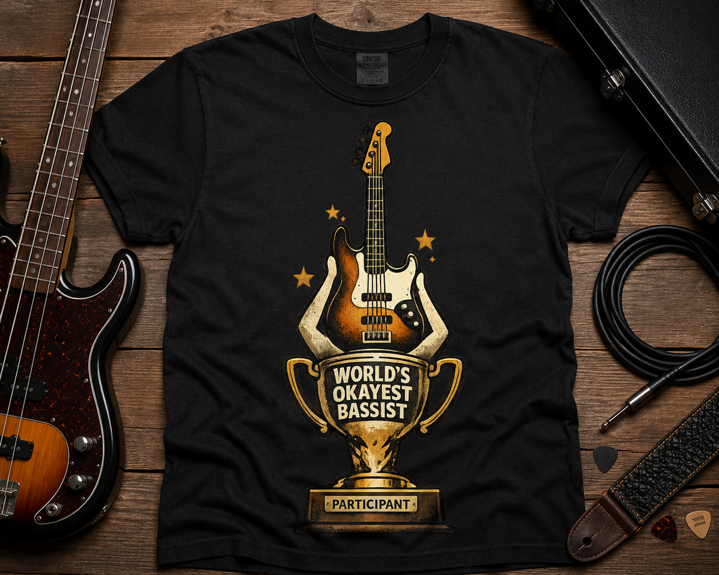 Okayest Bassist Trophy T-Shirt — Retro Electric Bass Guitar Design