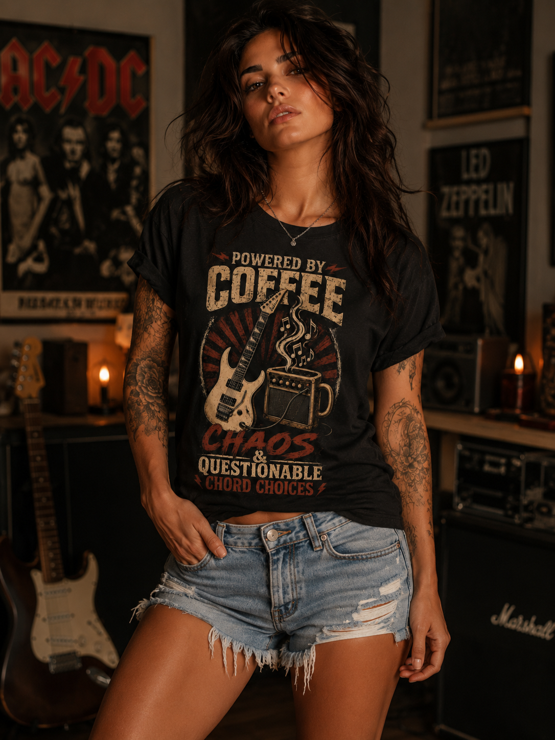 Coffee Powered Guitar T-Shirt — "Powered by Coffee, Chaos & Questionable Chord Choices"