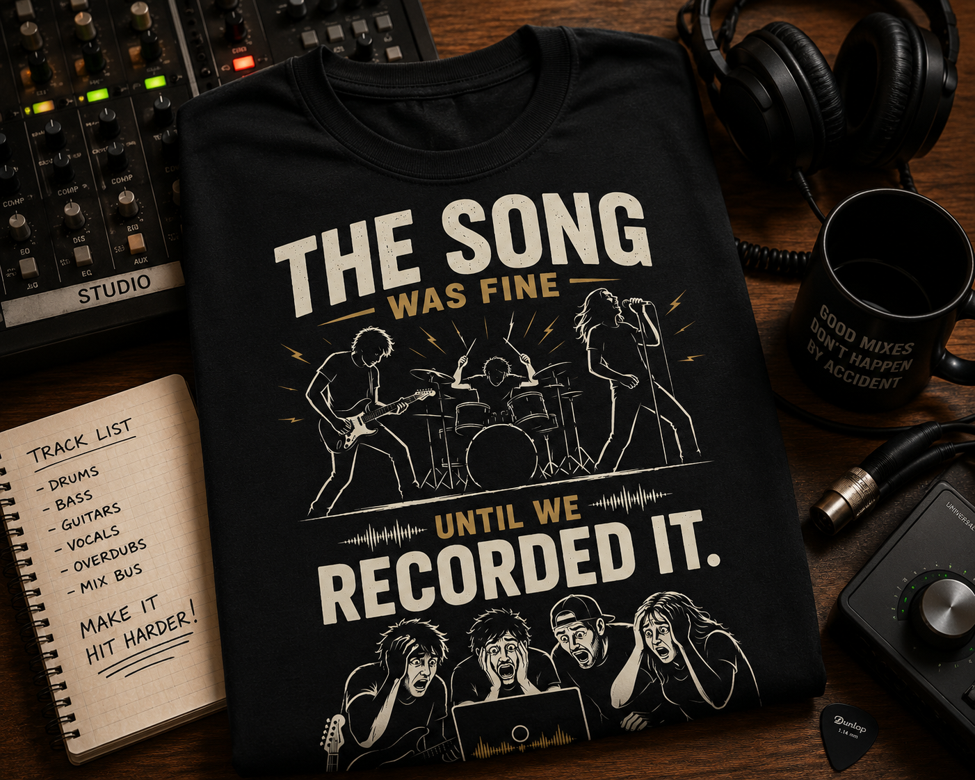 Recording Studio T-Shirt — "The Song Was Fine Until We Recorded It" Musician Tee