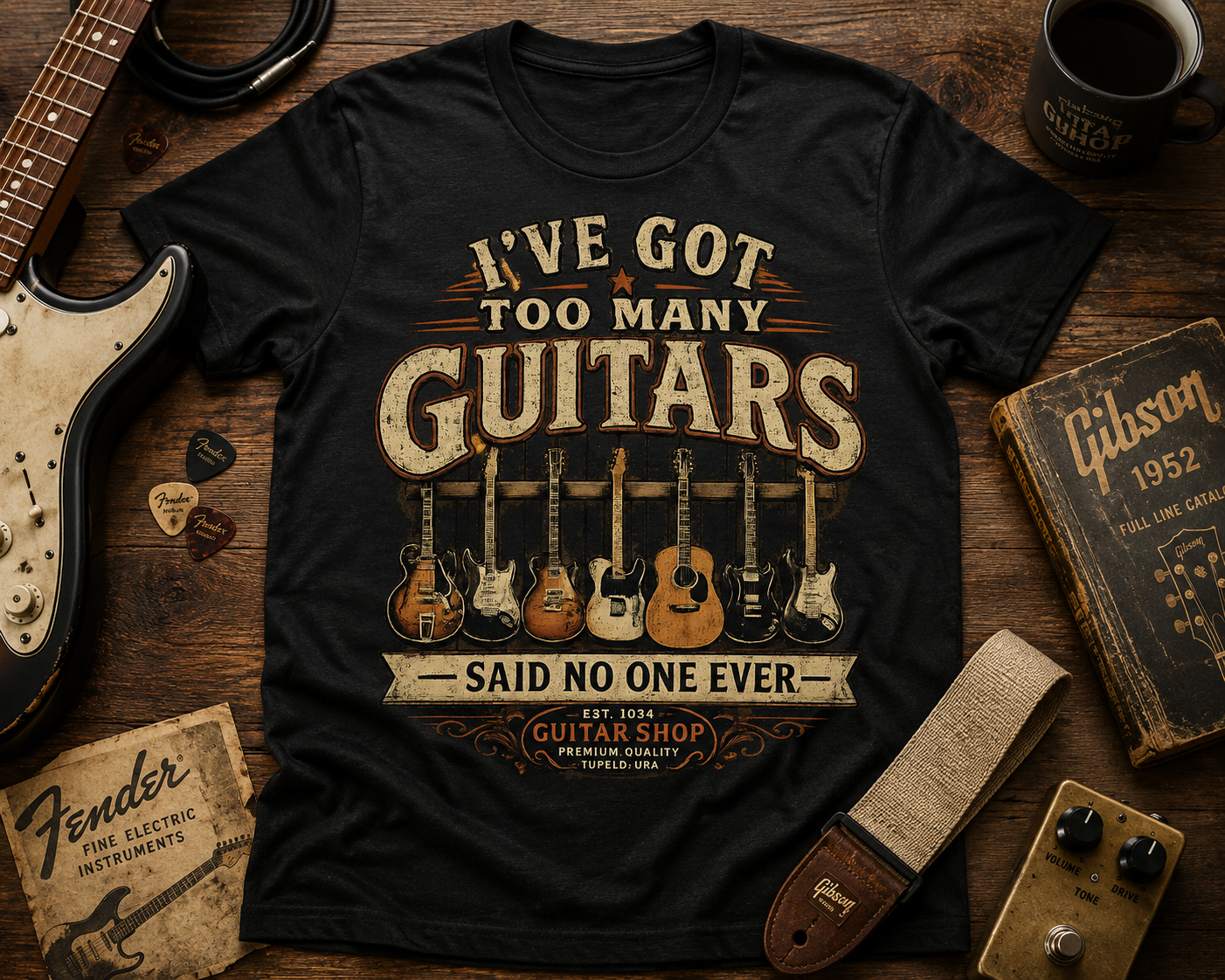 Guitar Lover T-Shirt — "I've Got Too Many Guitars" Vintage Music Tee