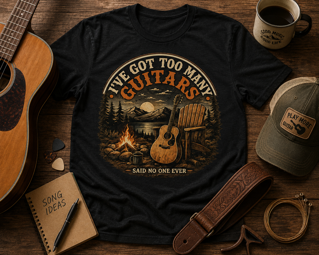 Guitar Lover T-Shirt — "I've Got Too Many Guitars" Vintage Campfire Design